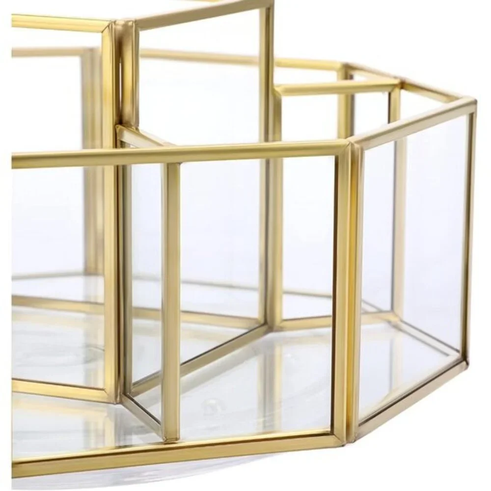360° Rotating Glass Makeup Organizer, Gold 5-Slot Vanity Storage for Cosmetics